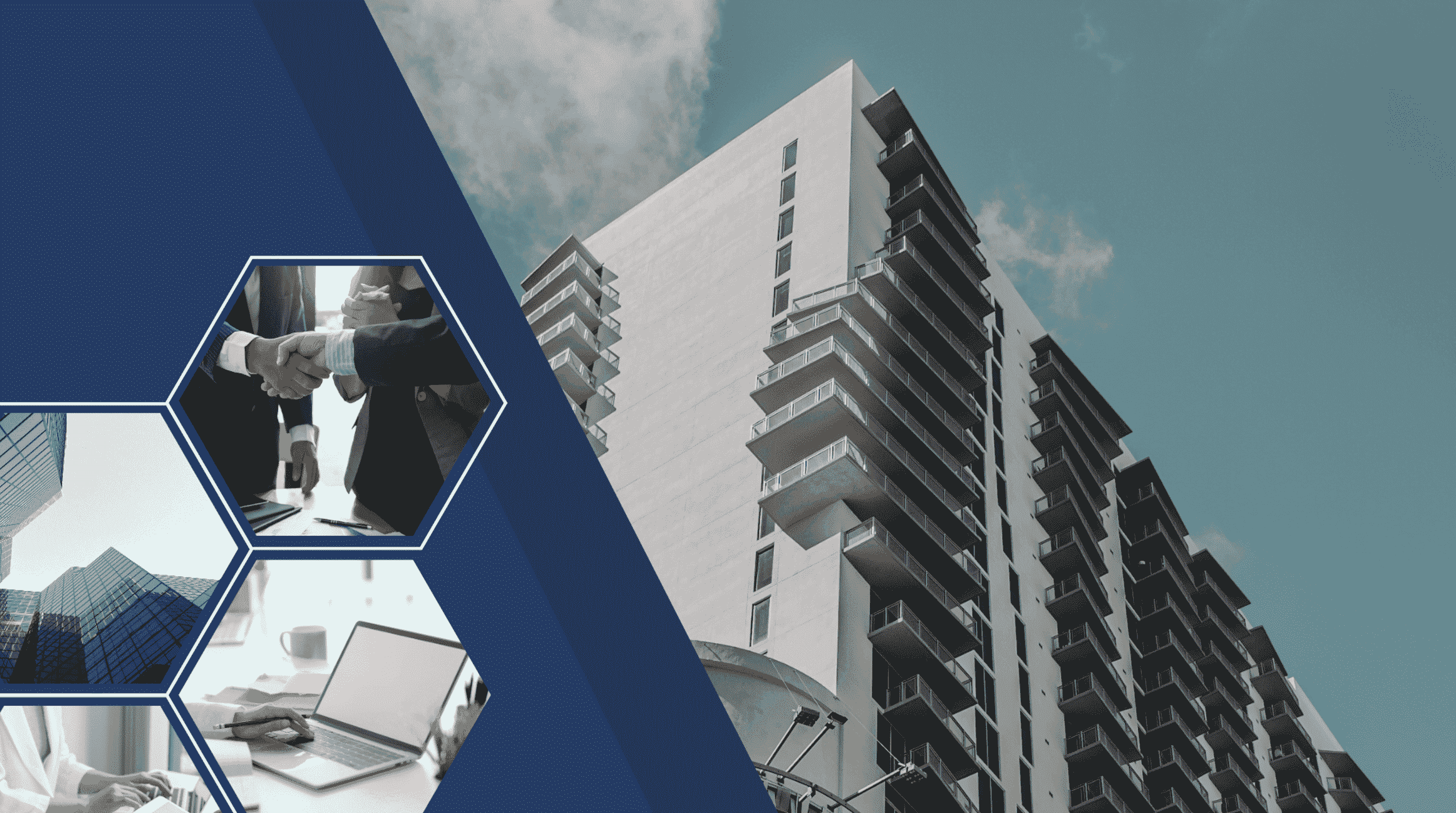 Modern office building with blue and purple gradient overlay